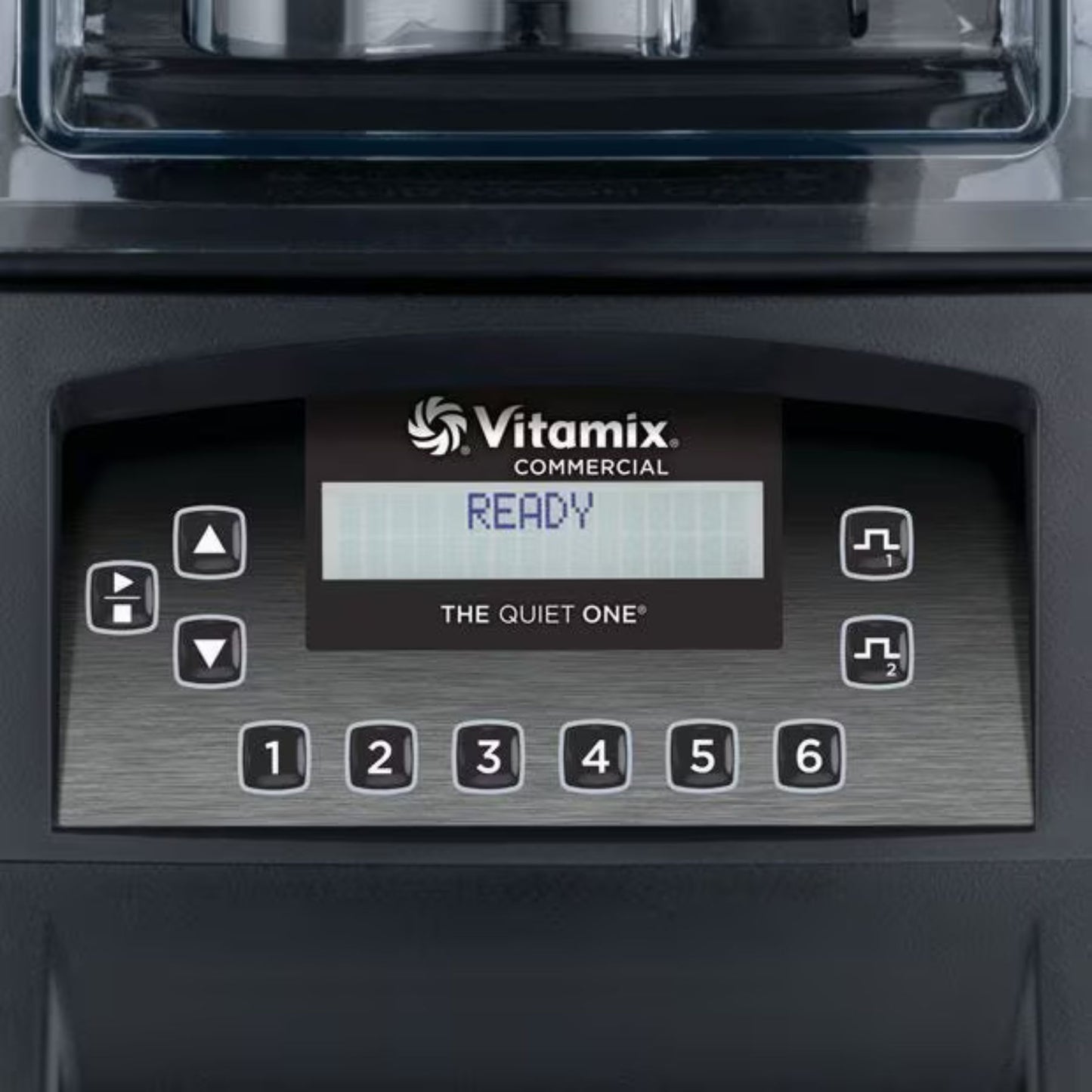 Vitamix The Quiet One blender control panel with digital display and buttons.