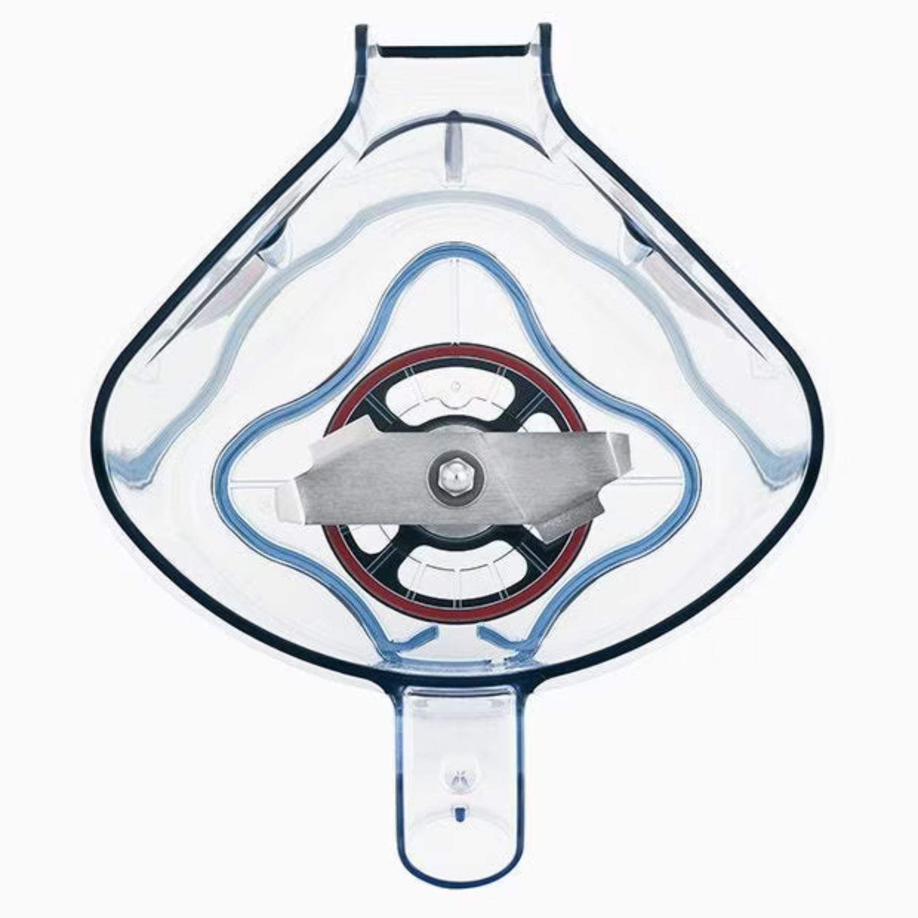 Clear plastic component with a metallic valve on a white background