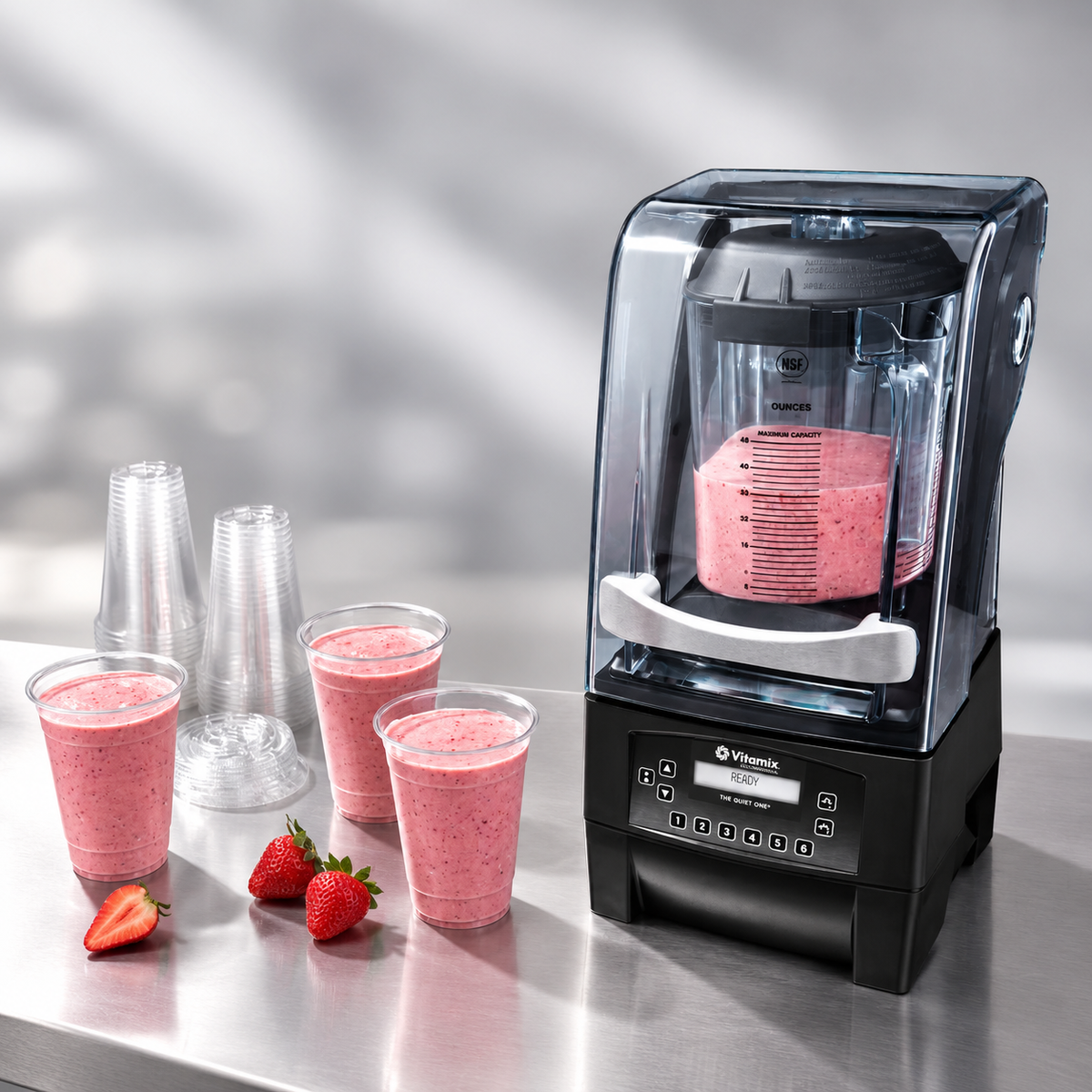 A countertop blender with a clear lid and black base, shown filled with a pink smoothie. Several clear cups containing pink drinks and a few strawberries sit on a stainless steel counter beside it.